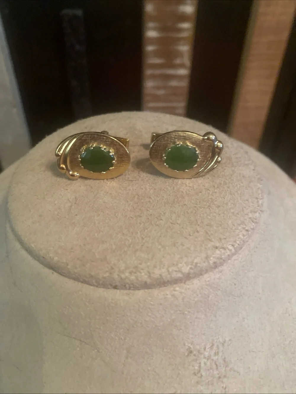 Gold Oval Cuff Links with Green Center Stone